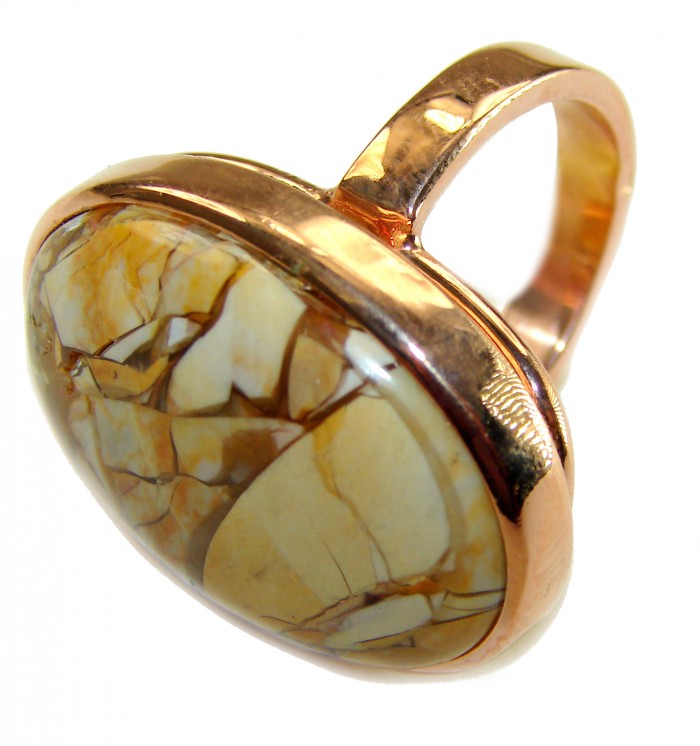 Flawless Australian Bracciated Mookaite 14K Gold over .925 Sterling Silver Ring size 8 adjustable - Side view of Mookaite ring with 14K gold over .925 silver setting.