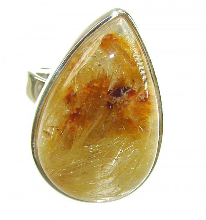 14.2 carat Himalayan Golden Rutilated Quartz .925 Sterling Silver handcrafted Ring Size 7 - Close-up of 14.2 carat Himalayan Golden Rutilated Quartz ring.