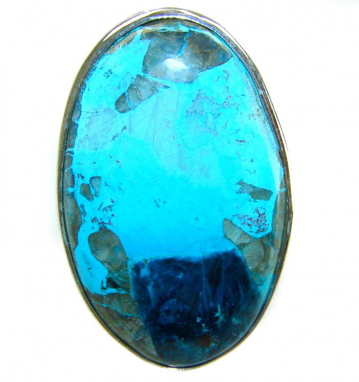 Authentic Parrot's Wing Chrysocolla .925 Sterling Silver handcrafted ring size 8 adjustable - Stone close-up of Authentic Parrot's Wing Chrysocolla in silver setting.