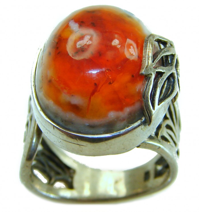 Queen of Fire best quality 17.4 carat Mexican Opal 18K Rose Gold over .925 Sterling Silver handmade ring 7 - Close-up of 17.4 carat Mexican Opal set in intricate silver ring.