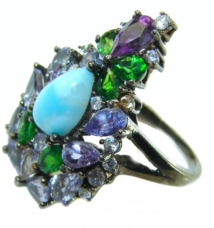 Victoria Natural 4.5 carat Larimar from Dominican Republic Tanzanite .925 Sterling Silver dipped in black rhodium handcrafted size 6 1/4 - Side view of Victoria 4.5 carat Larimar and gemstone ring.