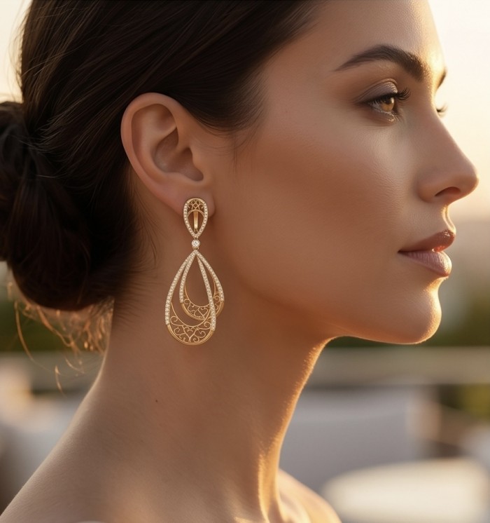 Black Label Collection - Dubai Style - Natural 22K Gold over .925 Sterling Silver handmade earrings - Side view of woman's face wearing elegant gold earrings