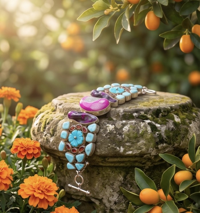 Just Fabulous 88.5 grams Large Pink Titanium Agate Druzy .925 Sterling Silver handcrafted Bracelet - Bracelet on stone surrounded by orange flowers in garden setting