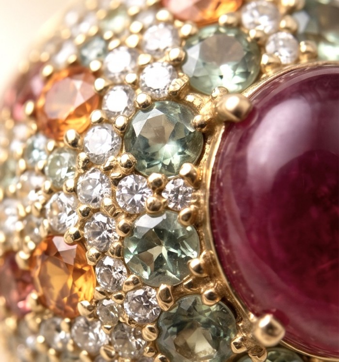 Blooming Garden Natural 10.8 carat Mozambique Ruby rhodium over .925 Sterling Silver handmade Statement Ring size 7 - Close-up of Blooming Garden ring with multicolored gemstones and ruby.