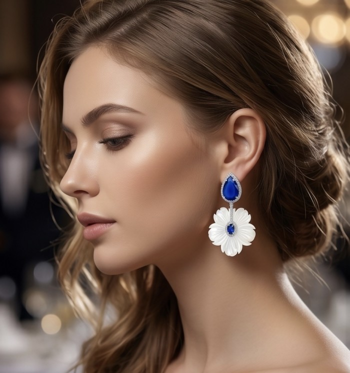 Summer Flowers Blister Pearl Blue Topaz 14K Gold over .925 Sterling Silver handcrafted Earrings - Side view of woman wearing Summer Flowers blue topaz earrings