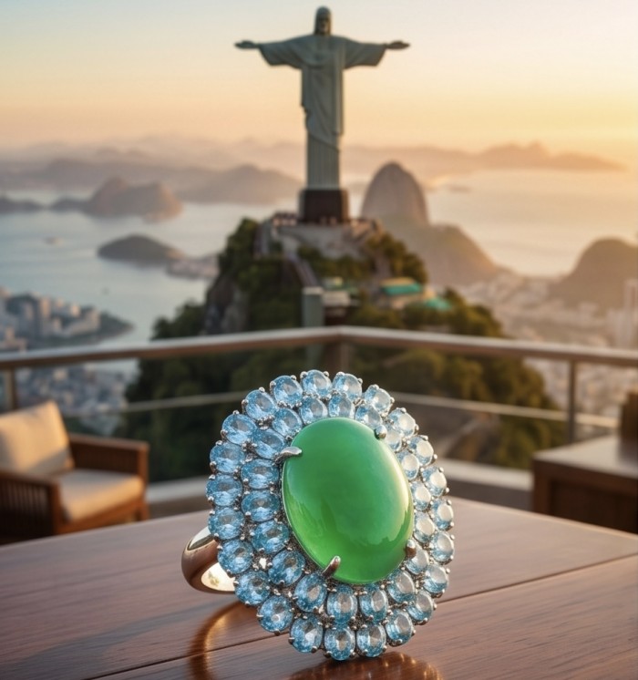 Abundance of Love 18.5 carat Chrysoprase Rhodium over .925 Sterling Silver handcratfed LARGE Statement Ring s. 7 - Chrysoprase ring with Christ the Redeemer view, stone close-up.