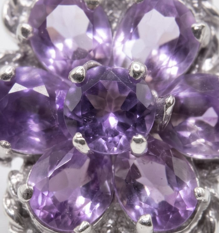Lavender Beauty authentic 9.2 carat Amethyst .925 Sterling Silver dipped in rhodium handcrafted earrings - Amethyst close-up, Lavender Beauty jewelry, 9.2 carat, .925 Sterling Silver