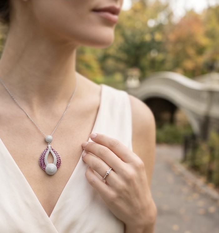 Antonina - 6.5 carat Ruby .925 Sterling Silver dipped in rhodium handcrafted incredible Pendant - Woman wearing Antonina necklace; focus on pendant and ring.