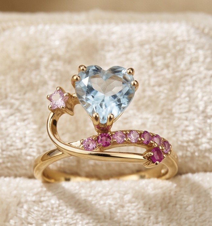 Atlantica 4.8 carat Swiss Blue Topaz 18K Gold over .925 Sterling Silver dipped in rhodium handcrafted ring size 8 - Heart-shaped blue topaz ring with pink stones, angled front view.