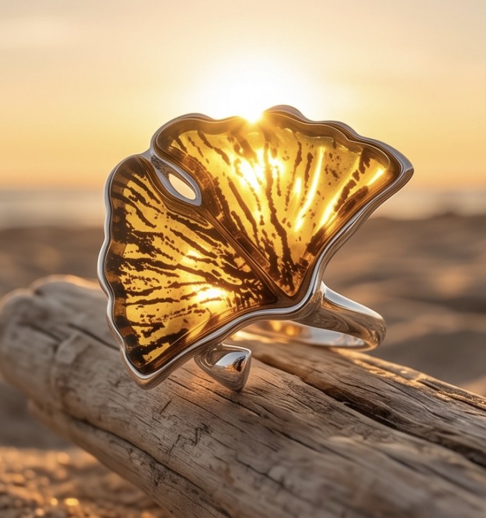Calla lily Authentic Golden carved Baltic Amber .925 Sterling Silver entirely handcrafted LARGE ring; s. 7 adjustable - Golden Baltic amber ring close-up with sunlight, sterling silver setting.