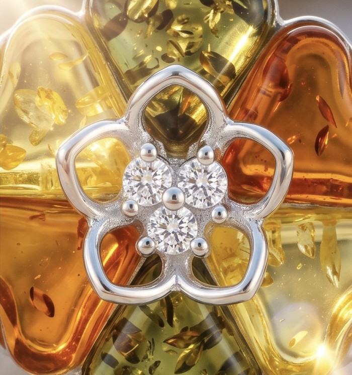 Excellent quality Baltic Amber .925 Sterling Silver entirely handcrafted Bracelet - Close-up of Baltic amber and sterling silver jewelry with floral design