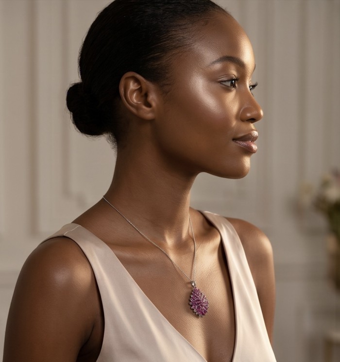Rare 22.2 carat authentic Kashmir Ruby rhodium over .925 Sterling Silver handmade Statement Pendant - Side view of woman wearing a Kashmir Ruby pendant necklace.