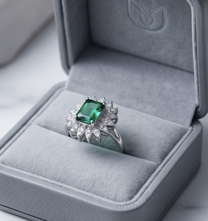 Elizabeth 5.8 carat Colombian Emerald 2.3 carat Moissanite .925 Sterling Silver dipped in Rhodium handcrafted Ring size 7 1/4 - Emerald and moissanite ring in open box, top view.