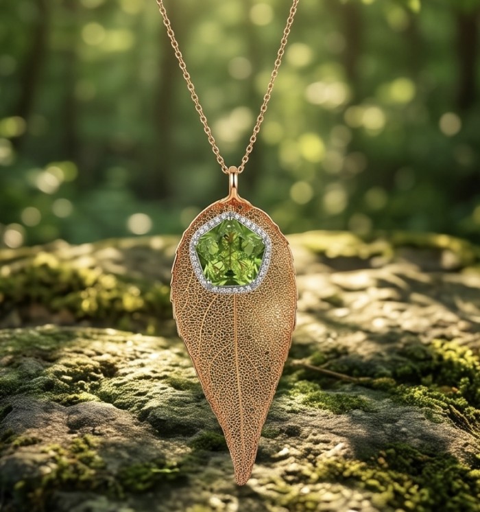 Stylish REAL Leaf dipped in Rose Gold 11.5 carat Garnet .925 Sterling Silver Pendant - Leaf pendant necklace with green gemstone, close-up on forest background.