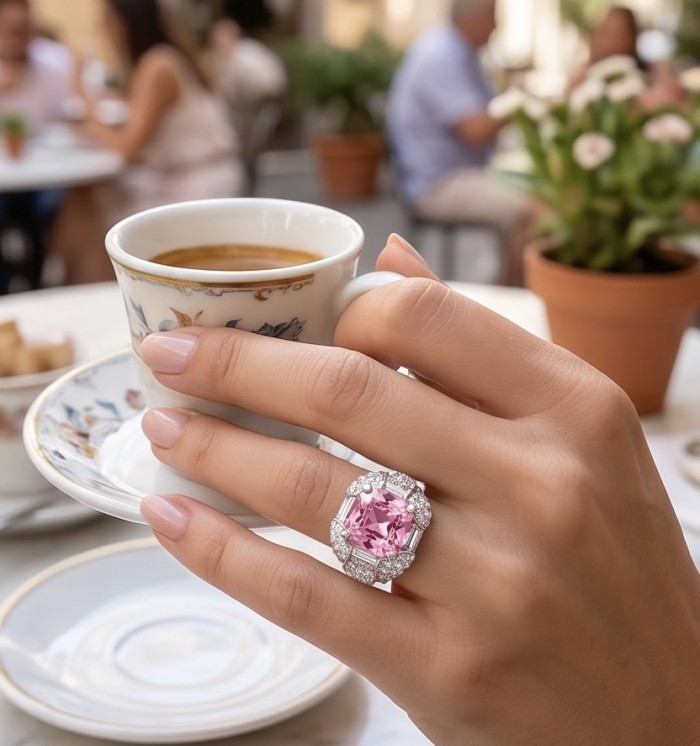 Anastasia 10.2 carat Pink Sapphire .925 Sterling Silver dipped in Rhodium Handcrafted Statement Ring size 8 - Worn on hand, Anastasia 10.2 carat Pink Sapphire .925 Sterling Silver ring.