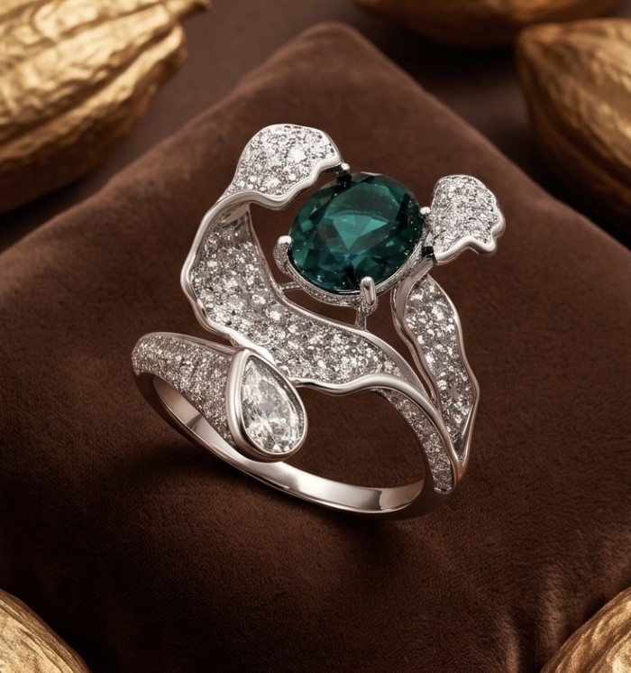 Elizabeth princess cut 3.8 carat Colombian Emerald 3.3 carat Moissanite .925 Sterling Silver dipped in Rhodium handcrafted Ring size 8 - Close-up of ornate ring with emerald and diamond details on velvet background.