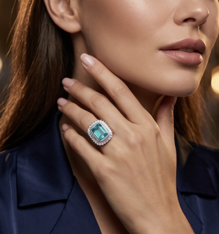Natural 17.2 carat Colombian Emerald .925 Sterling Silver dipped rhodium handmade Statement Ring size 8 - Emerald ring close-up worn on hand, showcasing detailed design.