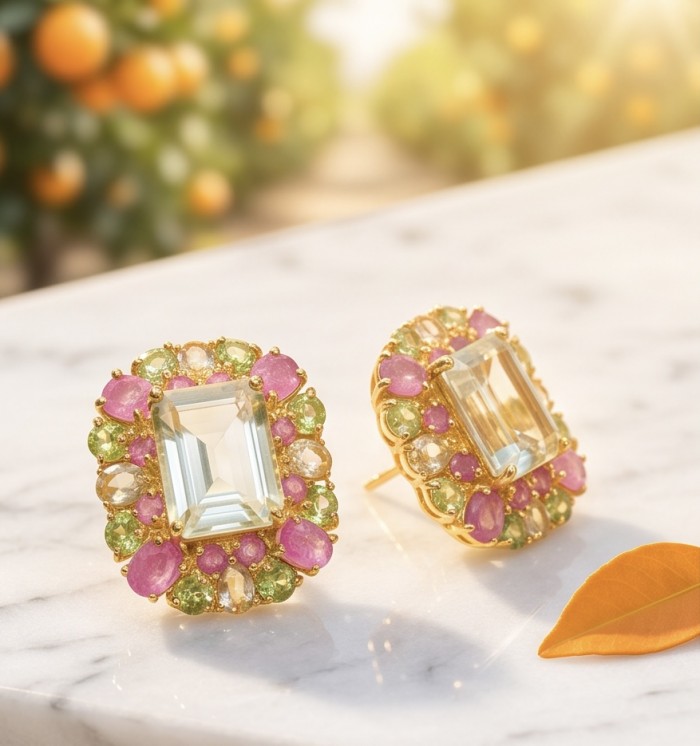 Esperanza - Luxurious 22.2 Lemon Quartz 18K Gold over .925 Sterling Silver handmade Earrings - Esperanza earrings front view with colorful gem details on marble surface.