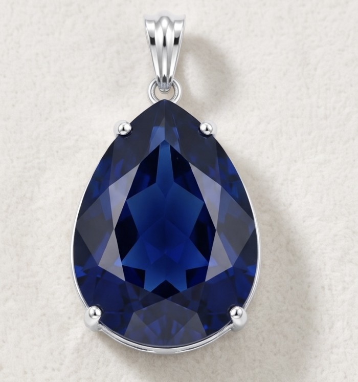 Emma 17.5 carat London Blue Topaz .925 Sterling Silver handmade Statement Pendant - Blue topaz pendant front view with sterling silver setting.
