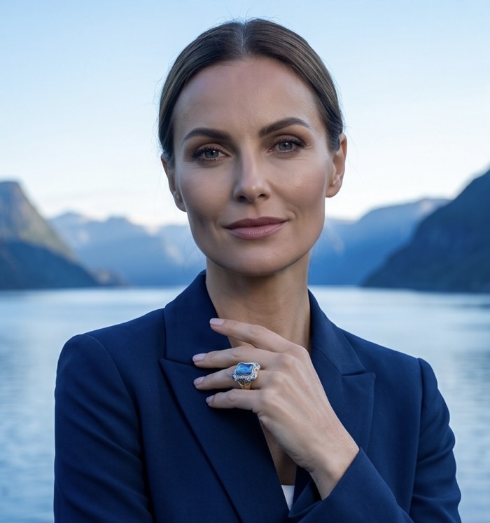 Blue Rhapsody - 18.5 carat natural Swiss Blue Topaz .925 Sterling Silver dipped in 22K Gold handcrafted Large Statement Ring size 7 1/2 - Woman wearing Blue Rhapsody ring in mountain lake setting