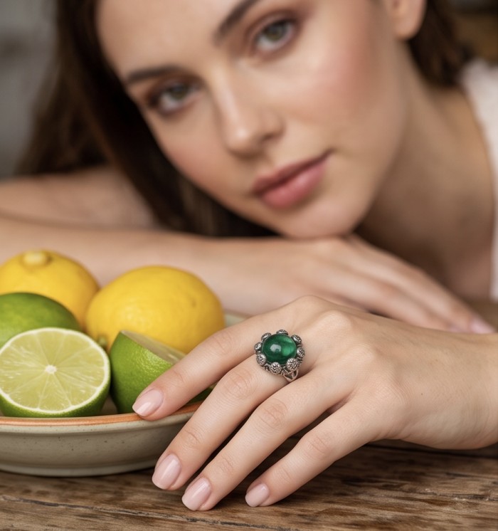 Amazonia - Spectacular 29.2 carat Travorite Garnet .925 Sterling Silver Ring size 7 - Worn on hand, Amazonia ring with 29.2 carat Tsavorite Garnet.