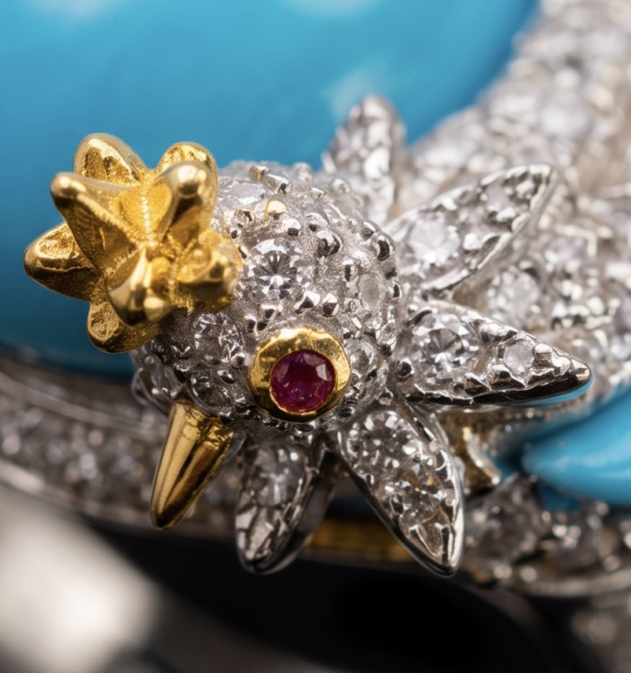 Birds on a Rock 0.7 carat Lab Grown Diamond genuine Sleeping Beauty Turquoise Ring in .925 Sterling Silver partially plated with 22K Gold size 7 - Close-up of diamond-studded bird detail in jewelry piece.