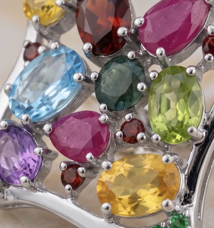 Giovanna - Authentic 10.5 carat Multigem rhodium over .925 Sterling Silver handcrafted earrings - Close-up of multigem stones set in rhodium over sterling silver.