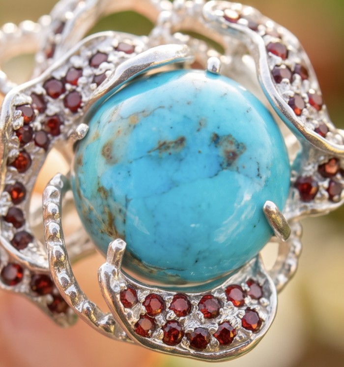 Serenity 10.4 carat real Turquoise .925 Sterling Silver handmade Statement Ring size 8 - Close-up of Serenity turquoise in .925 sterling silver setting