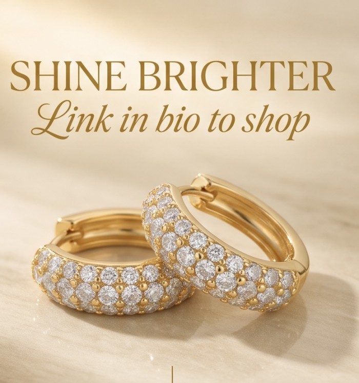 Dubai Style - 0.8 carat pave White Topaz .925 Sterling Silver dipped in 18K Gold handmade Earrings - Gold and white topaz hoops close-up, showcasing pave stones.