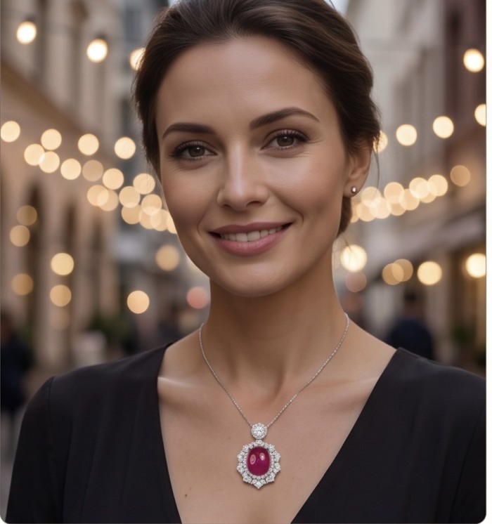 Giovanna 23.2 carat authentic Mozambique Ruby .925 Sterling Silver handmade Pendant - Woman wearing necklace with Mozambique Ruby pendant, front view.