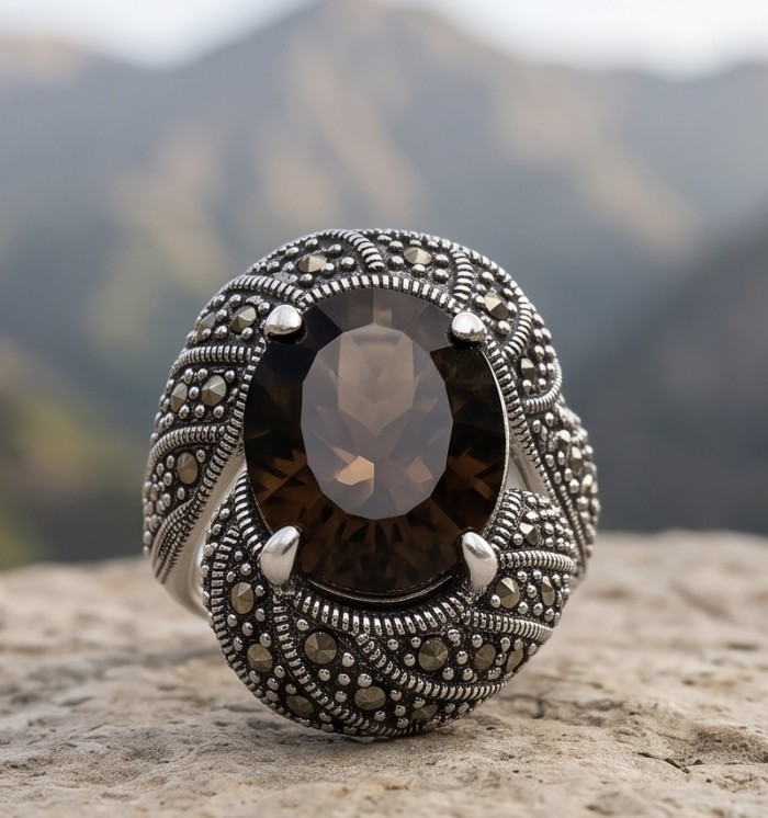 Celestial peace 17.5 carat Champagne Smoky Topaz Ruby .925 Sterling Silver HUGE Ring size 8 - Close-up of Celestial Peace ring with smoky topaz and intricate design.