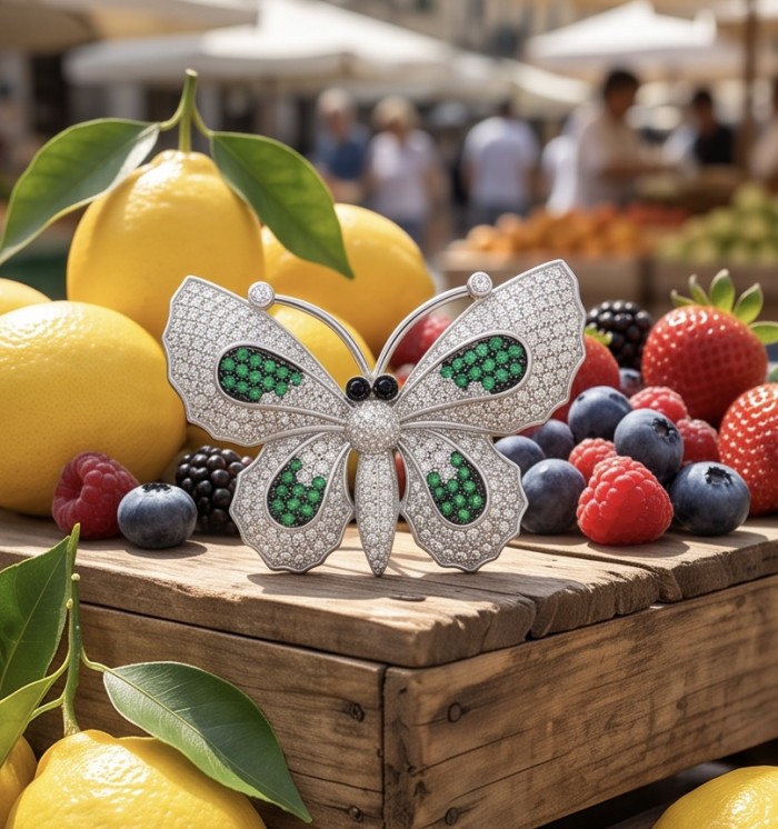 Precious Butterfly Genuine 8.5 carat Emerald .925 Sterling Silver handmade LARGE Statement Ring size 7 1/2 - Butterfly brooch with emeralds on fruit market background.
