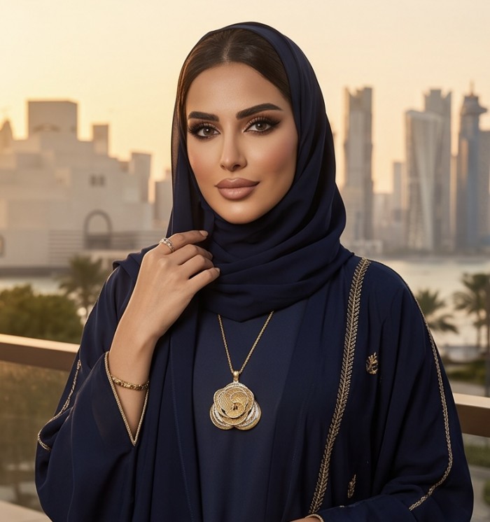 Dubai Style - Golden Rose .925 Sterling Silver dipped in 22K Gold handmade Pendant - Woman wearing Golden Rose pendant against a city skyline backdrop.
