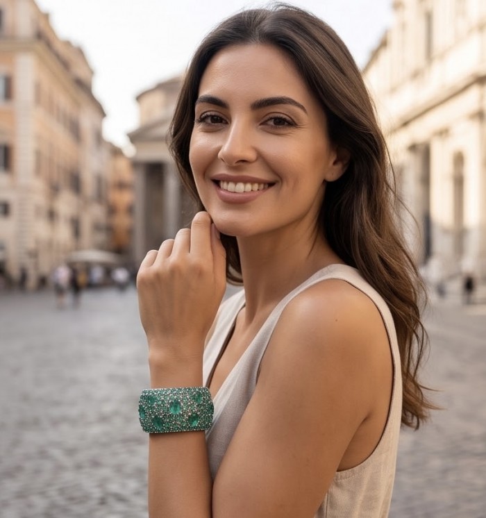 Spectacular 242.5 carat authentic Colombian Emerald .925 Sterling Silver dipped in Rhodium handmade bangle Bracelet - Woman wearing Colombian emerald bracelet on the wrist, city background.