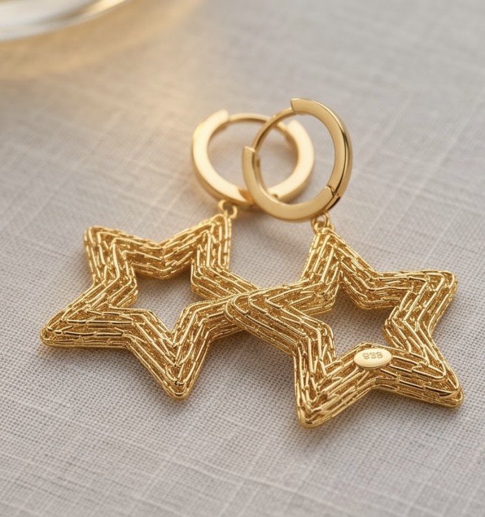 Golden Stars- Dubai Style - .925 Sterling Silver dipped in 22K Gold handmade Earrings - Golden star earrings, close-up, .925 Sterling Silver, gold dipped.