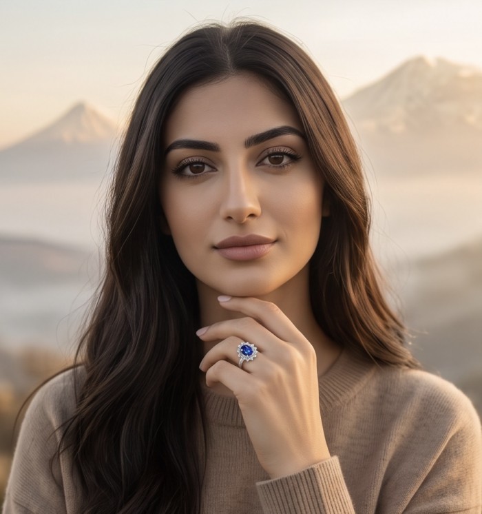 Classic Beauty- Luxurious 5.8 carat Tanzanite .925 Sterling Silver handcrafted Ring size 8 1/4 - Woman wearing 5.8 carat Tanzanite ring on hand, scenic background.