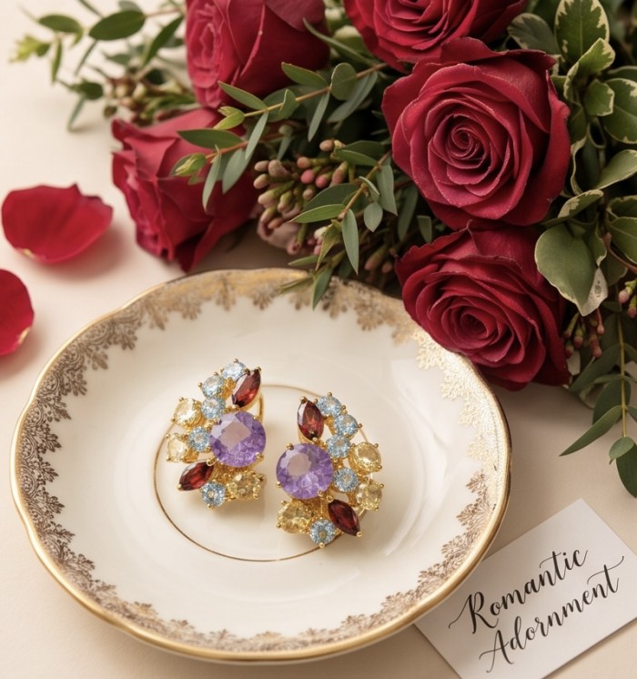 Giuseppina - Authentic 27.5 carat Amethyst 18k Gold over .925 Sterling Silver handcrafted Statement Earrings - Giuseppina earrings on plate with roses, showcasing stones and gold setting.