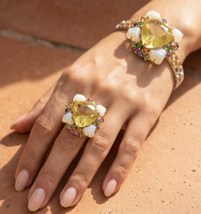 Golden Symphony 59.8 carat Genuine Lemon Quartz Rough Opal 2 tones .925 Sterling Silver dipped in Rhodium handcrafted bracelet - Lemon quartz ring and bracelet worn on hand, showcasing stones.