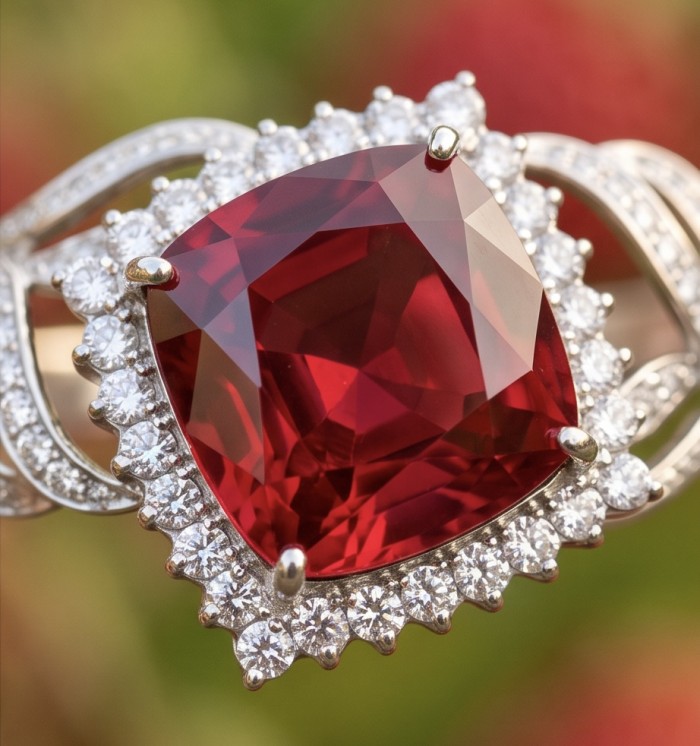 Precious Genuine 32.7 carat Brazilian Garnet .925 Sterling Silver dipped rhodium handcrafted Bracelet - Close-up of a 32.7 carat Brazilian garnet ring in sterling silver.
