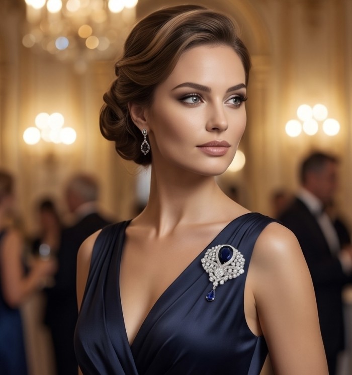Heirloom Genuine 10.5 carat Sapphire .925 Sterling Silver handmade Pendant - Brooch - Elegant woman wearing a sapphire brooch, focused side view.