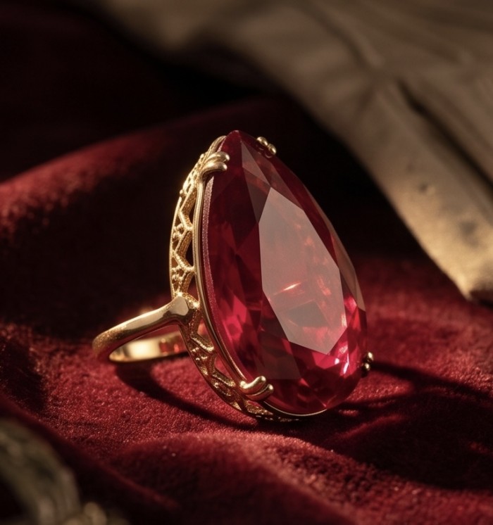 Carmen Natural 25.4 carat Ruby .925 Sterling Silver dipped in 22K Gold handmade Large Statement Ring size 6 1/4 - Close-up of Carmen 25.4 carat ruby ring in ornate setting on velvet.