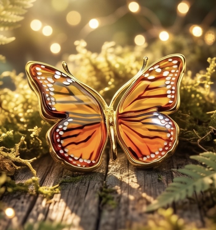 Golden Butterfly Authentic carved Baltic Amber 18K Gold over .925 Sterling Silver handcrafted pendant - Close-up of golden butterfly brooch with carved amber on wooden surface.