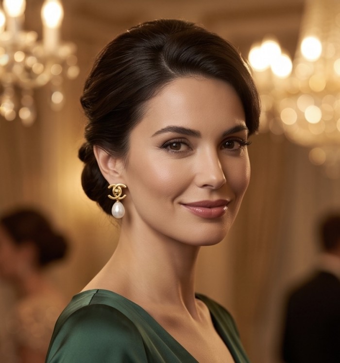 Classy Design - Genuine Pearl 14K Gold over .925 Sterling Silver handcrafted Statement Earrings - Woman wearing pearl earrings in a formal setting, side view.