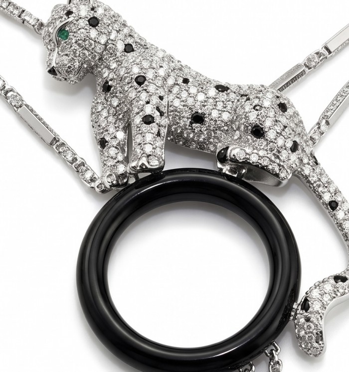 Cheetah Emerald black Enamel .925 Sterling Silver .925 Sterling Silver handcrafted Statement Necklace; 24 inches long - Cheetah pendant detail with emerald eyes and black enamel circle.