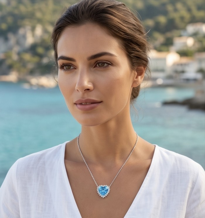 Endless Love 10.5 carat Swiss Blue Topaz .925 Sterling Silver Handcrafted necklace - Woman wearing Endless Love Swiss Blue Topaz necklace, seaside backdrop.