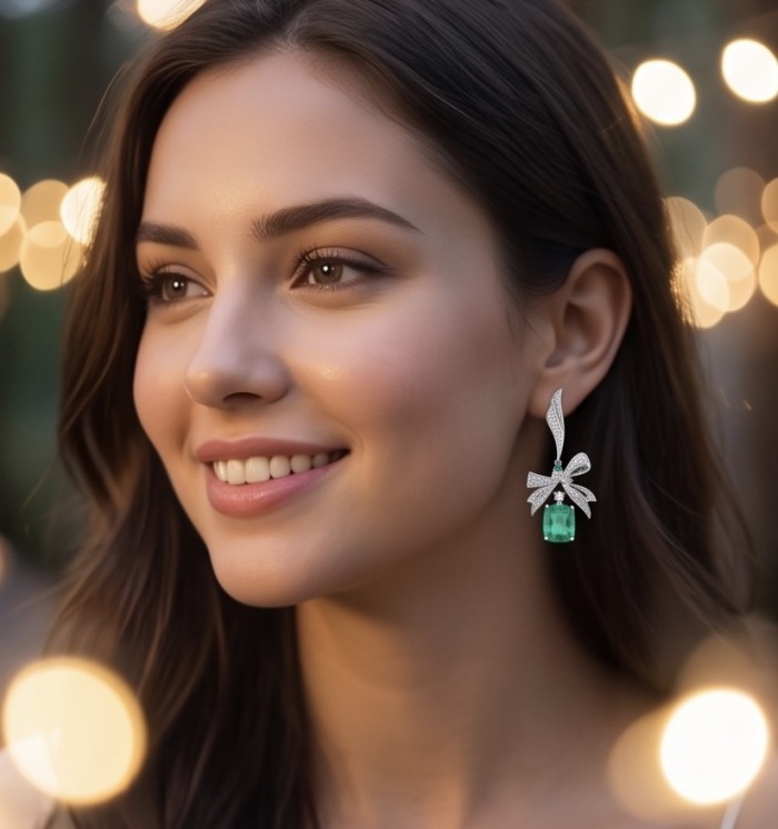 Green Bow - 12.5 carat Green Topaz rhodium over .925 Sterling Silver handmade Statement earrings - Woman wearing Green Bow earrings, showcasing 12.5 carat green topaz.