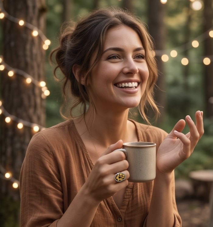 Beautiful Authentic Funflowers carved Baltic Amber .925 Sterling Silver handcrafted ring; s. 7 adjustable - Ring with amber and silver, worn on hand, smiling woman holding mug.