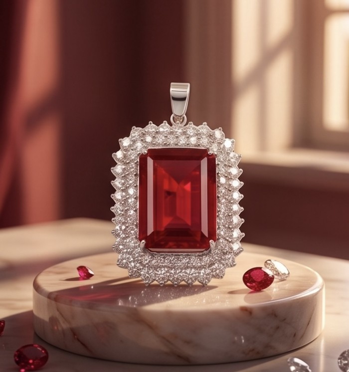 Rare finding! Deluxe 51.2 carat authentic emerald cut Kashmir Ruby rhodium over .925 Sterling Silver handmade Statement Pendant - Emerald-cut red gemstone pendant with diamond halo, front view.