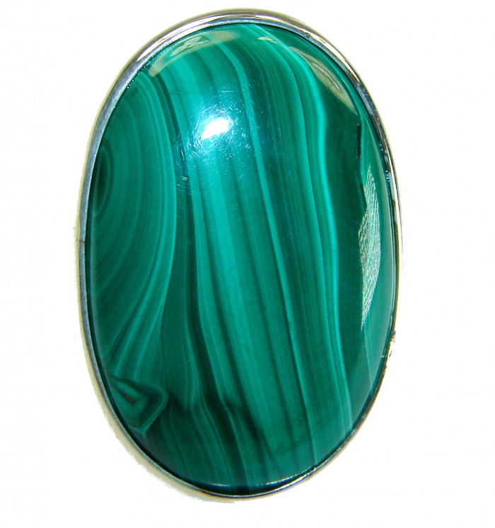 32.2 CARAT genuine Malachite .925 Sterling Silver handcrafted ring size 8 adjustable - Close-up of 32.2 carat malachite in .925 sterling silver setting.