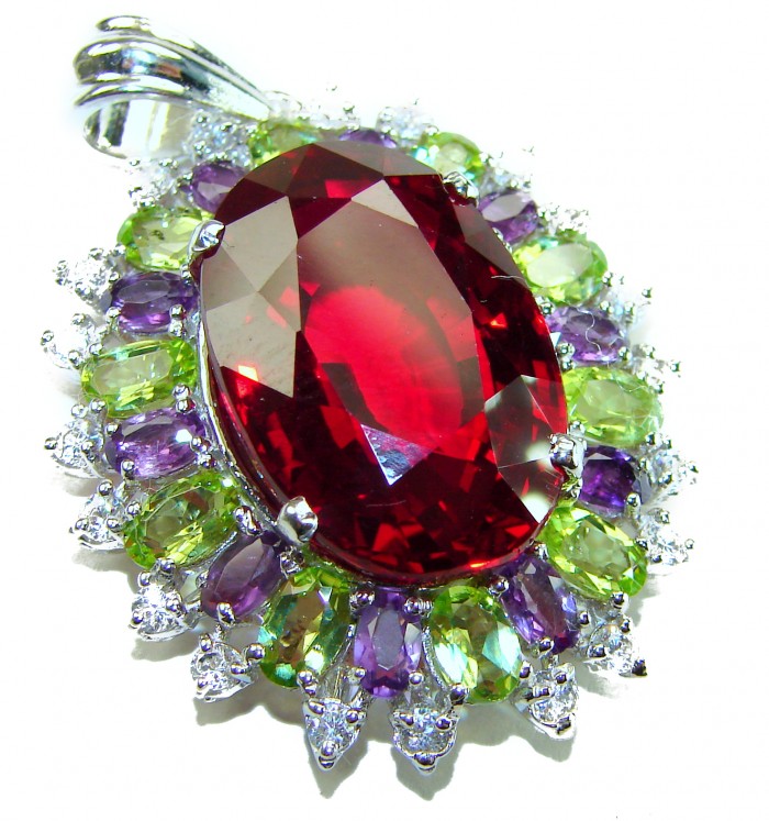 Victorian style 28.5 carat Authentic Ruby .925 Sterling Silver handcrafted Pendant - Close-up of Victorian style 28.5 carat ruby pendant with silver setting.